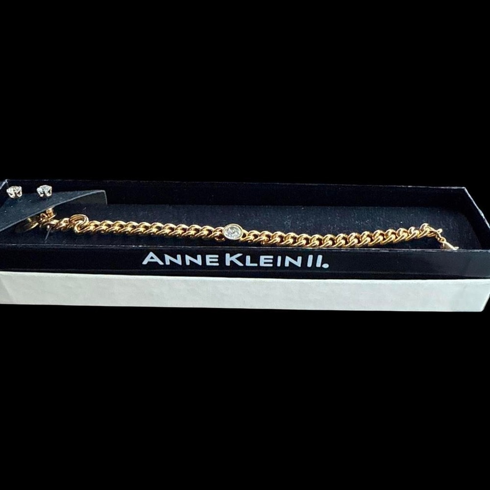 Anne Klein II Gold-Tone Bracelet & Stud Earrings Set Crystals Y2K Vintage NIB